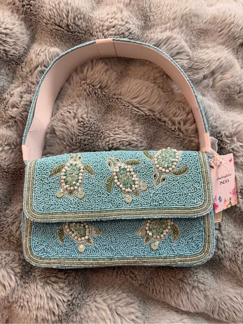 Beaded Sea Turtle Shoulder Bag - Light Blue
